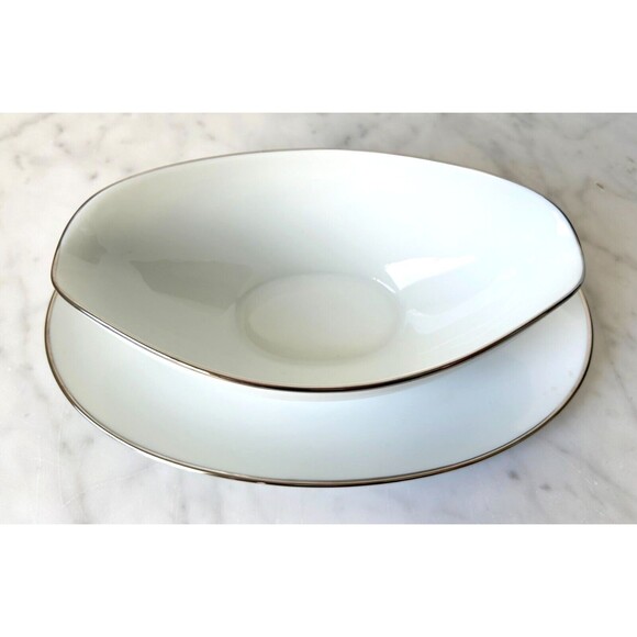 Vintage Noritake Colony China Gravy Boat Attached Underplate White Platinum Trim - Picture 7 of 9